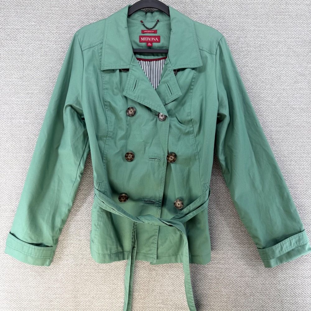 Merona Trench Coat XL Green Water Repellent Belted Double Breasted Rain Jacket - Picture 3 of 12